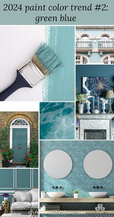 a collage of blue and white paint colors