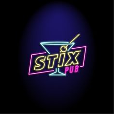 a neon sign that says stix pub with a martini in the glass on it