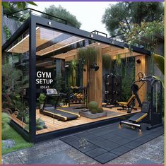 an image of a gym setting in the middle of a yard with treadmills and exercise equipment