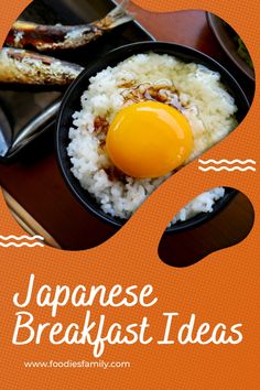 japanese breakfast ideas with an egg on top and rice in a black bowl next to it