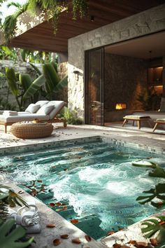 an indoor swimming pool surrounded by greenery and lounge chairs in front of a house