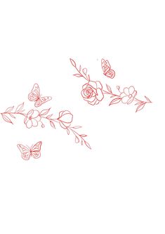 some red flowers and butterflies on a white background