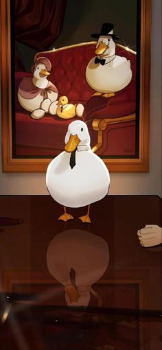 two ducks are sitting in front of a painting