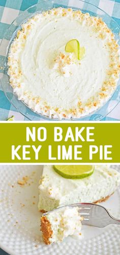 no bake key lime pie on a blue and white checkered tablecloth with text overlay