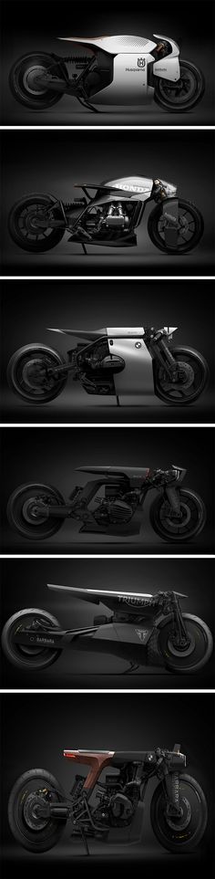 four different views of a motorcycle on a black background