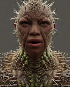 a very strange looking creature with spikes on its head and neck, staring at the camera