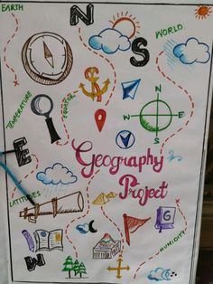 a white sign with colorful drawings on it that says,'geograph project '