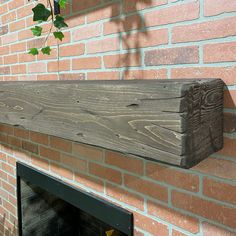 a brick fireplace with a wooden mantle and plant hanging on the wall next to it