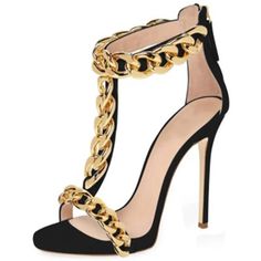 TAAFO Women's Sandals Chain Decoration High Heel Sandals Women's Shoes Beige-34 Shoes Beige, Designer High Heels, Stiletto Sandals, Sandals Women, Stiletto Pumps, Ankle Straps, T Strap, Heel Sandals, High Heel Sandals