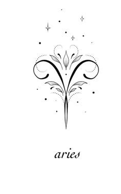 the word aries written in black ink on a white background with stars and swirls