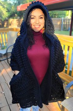 This pocket shawl is extremely detailed, with 1 large pocket on each end. It is 20 inches wide, and 70 inches tall. It is made with acrylic yarn. It has an oversized hood for extra comfort. It's warm, and cozy! Perfect for the cooler season. It's made with lots of love. It is the perfect combination of a shawl, wrap and scarf. It took me about 30-40 hours to make this piece. If you'd like to create a custom pocket shawl in a color of your choice, please feel free to message me at any time. Check Crochet Hooded Pocket Scarf Pattern Free, Crochet Thigh High Socks, Scarf Diy, Stretchy Bind Off, Pocket Shawl, Crochet Hooded Scarf, Thigh High Sock, Diy Scarf, Hooded Scarf