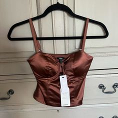 Nwt - Fits Great, Coffee Brown Fitted Cami Bra For Night Out, Fitted Cami Bra For Parties, Fitted Cami Bra For Party, Party Cami Bra, Fitted Brown Tank Top For Party, Brown Fitted Tank Top For Party, Chic Fitted Brown Camisole, Elegant Brown Corset, Brown Fitted Cropped Tank Top