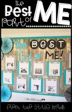 a bulletin board with pictures on it and the words best me written in black ink