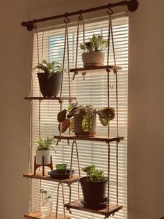 the hanging planter is made out of wood and has several plants in pots on it