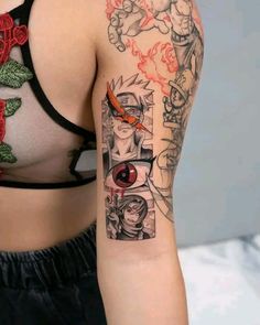 a woman's arm with tattoos on it and an image of the character naruta