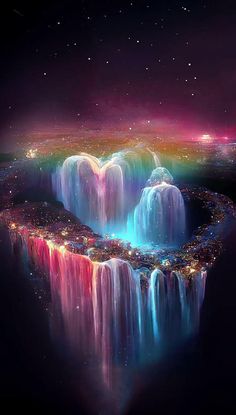 a heart shaped waterfall in the middle of a night sky with stars and lights on it