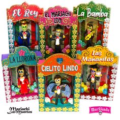 the mexican dolls are in their colorful boxes