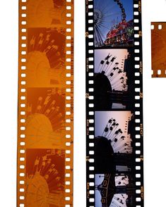 two film strips with images of ferris wheel and carnival ride in the background on white