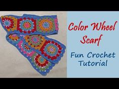 two crocheted pillows with the words color wheel scarf on them and an image of one