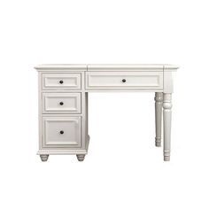 a white desk with three drawers and two handles on it's legs, against a white background