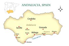 a map of andaluca, spain with all the towns labeled in red