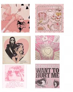 four different valentine's day cards with pictures of women and hearts in pinks