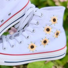 Custom Hand Embroidered Sunflower Converse Chuck Taylors | Etsy Heartstopper Shoes, Embroidered Shoes Diy, Sunflower Converse, Fabric Covered Shoes, Embroidery Sunflower, Personalized Converse, Converse Embroidery, Converse Design, Tenis Converse