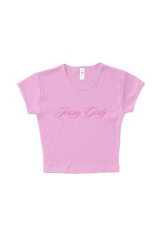 Jersey girlies have our hearts.  ⭑ Los Angeles Apparel Ribbed Baby Tee T-Shirt ⭑ Designed and printed by us in New Jersey  ⭑ 100% Combed Cotton T-Shirt ⭑ Made of 30 singles yarn ⭑ Designed and printed by us, with DTF ⭑ Featuring a ribbed feel, and a baby tee cropped fit. This 100% cotton style shrinks 7% in wash, and this style has been designed to fit before and after wash. We recommend to wash with like colors, and lay flat to dry. Cheap Stretch Pink Cropped T-shirt, Baby Tee Pink, Trendy Pink T-shirt With Name Print, Fitted Pink T-shirt With Name Print, Cute Short Sleeve Tops With Name Print, Pink Short Sleeve T-shirt With Name Print, Pink Baby Tee, Los Angeles Apparel, Baby Rosa