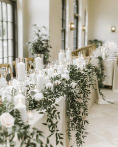 Wedding Table, Foliage Garlands, Glass Cylinder Vases with White Church Candles