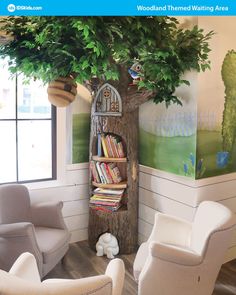 This photo shows how to use themed environments within waiting areas. This waiting area has themed décor showing woodland theming and involves a large scale, realistic style tree foam sculpture and fun adorable woodland forest animals to match. This theming can used for pediatric spaces for kids and kids play areas within churches, malls, schools, and other child-friendly businesses. Pediatric Waiting Room Ideas, Interactive Activities For Kids, Swiftie Bedroom, Tree Classroom, Kids Jungle Room, Forest Classroom, Kids Salon, Forest Room, Tree Bookshelf