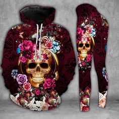 Halloween    Gift For Mother Skull Roses Wine Red Hoodie   Legging 3D Shipping from the US. Easy 30 day return policy, 100% cotton, Double-needle neck, sleeves and hem; Roomy Unisex Fit. Hoodie And Leggings Outfit, Skull With Flowers, Hippie Hoodie, Purple Skull, Skull Flower, Flower Leggings, Wine Red Color, Skull Hoodie, Hoodie Set