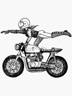 a drawing of a man riding on the back of a motorcycle with his arms outstretched