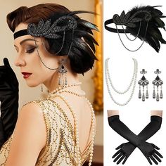 Look After Me:Washable; Gender:Women's; What's in the box:Gloves,Headwear,Earring,Neckwear; Types:Flapper Headband,Accessories Set; Holiday:Carnival,Masquerade; Style:Retro Vintage,Roaring 20s,1920s; Occasion:Party / Evening; Material:Polyester; Age Group:Adults'; Characters:The Great Gatsby; Design:Tassel Fringe,Feather; Listing Date:07/05/2023 1920s Butler Costume, Flapper Accessories 20s Style, 1920s Flapper Headpiece, Harlem Nights Outfits, Gatsby Design, Great Gatsby Accessories, 1920s Vintage Dresses, Il Grande Gatsby, Gatsby Party Outfit