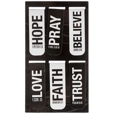 four stickers with the words trust, hope and love on them in white lettering