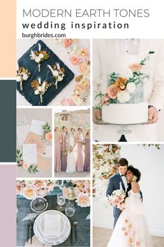 the modern earth tones wedding inspiration board is full of peach, pink and white flowers