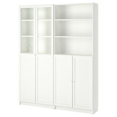 a white bookcase with three doors and two shelves on each side, in front of a white background