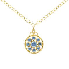 This 18k gold plated medallion necklace features a stunning gemstone design, adding a touch of sophistication and elegance. The necklace measures 17 to 18 inches, allowing for a versatile fit. Available in Tanzanite, Green Onyx, Blue Sapphire, and Peach Moonstone, each option brings its own unique hue and character. Pair this necklace with the Florentina Earrings, Giselle Stud Earrings, and Arden Ring for a coordinated and polished look. Medallion Necklace, Peach Moonstone, Green Onyx, Blue Sapphire, Moonstone, Onyx, 18k Gold, Sapphire, Gold Plate