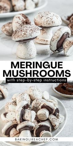 several different types of mushrooms on plates with the words meringue mushrooms above them