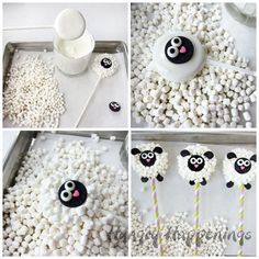 four pictures show how to make marshmallow sheep with marshmallows in the shape of sheep