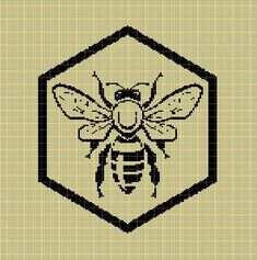 a cross stitch pattern with a bee in the center on a beige background, which is framed by black hexagons