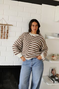 Knit pullover featuring an oversized balloon sleeve in a striped check pattern with a crewneck and boxy fit. Materials: 56% Recycled Polyester, 44% Polyester Fall Crew Neck Sweater With Striped Sleeves, Check Pattern, Knitted Pullover, Sweaters & Cardigans, Shop Now, Crew Neck, Knitting, Pattern