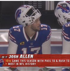 two buffalo football players sitting next to each other on a bench with the caption'game this season with pass to & rush to most in nfl history