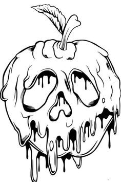 a black and white drawing of an apple with dripping paint