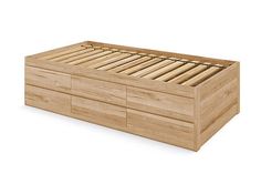 a wooden bed frame with two drawers on the bottom and one drawer at the top