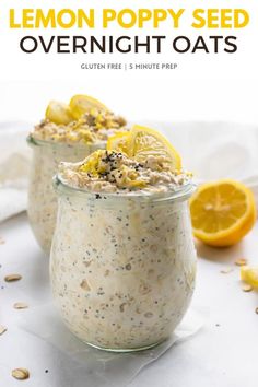 two lemon poppy seed overnight oats in small glass jars with sliced lemons on the side