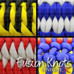 four different colors of braiding with white, blue, yellow and red beads on them