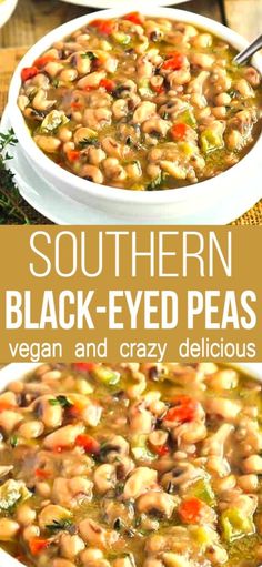 two bowls filled with black - eyed peas and vegetables