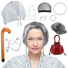 PRICES MAY VARY. Old Lady Costume for Women: you will get 1 granny wig, 1 grandma wig cap, 1 pair of granny glasses, 1 eyeglass chain, 1 granny faux pearl beads necklace, 1 pearl bracelet, 1 pair of earrings, 1 grandmother handbag, 1 inflatable cane, 1 granny shawl, and 1 wrinkle tattoo sticker, 11 pieces in total, which will be fun to dress up as a grandma or an old lady, and surprise and amuse your family Realistic Wig and Glasses: this old lady wig is made of synthetic fiber, with a mesh wig Grandma Wig, Realistic Wig, Granny Wig, Granny Shawl, Granny Glasses, Gray Wig, Old Lady Costume, Pearl Beads Necklace, Grandma Necklace