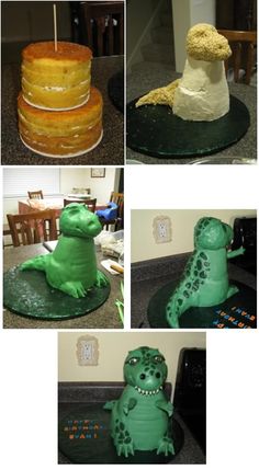 there are pictures of cakes made to look like animals and alligators on the cake