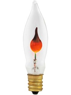 a light bulb with an orange flame on it's side and a white background